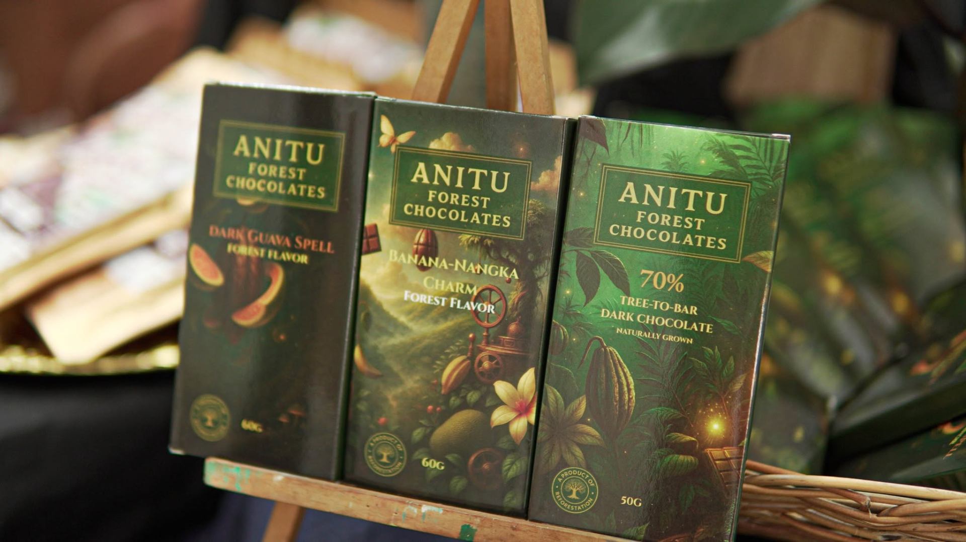 Anitu Forest Chocolates bar lineup — Dark Guava Spell, Banana-Nangka Charm, and 70% Tree-to-Bar