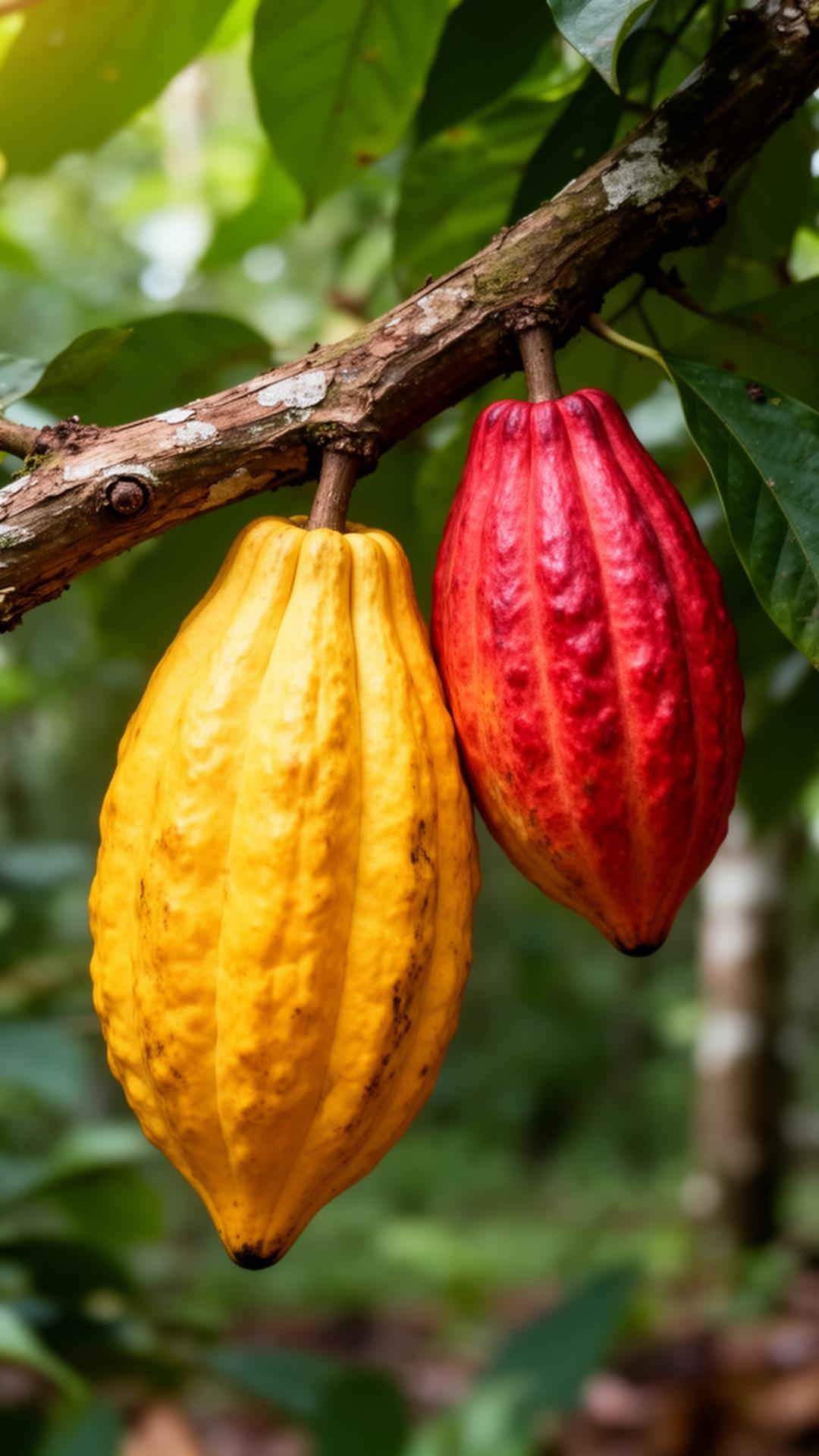 Ripe cacao pods on the tree